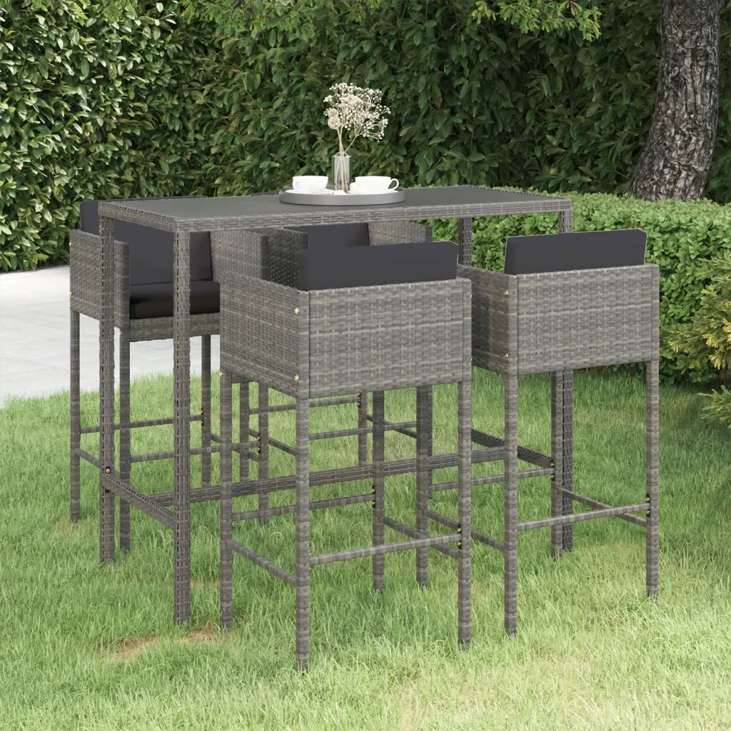 Set da Bar da Giardino 5 pz | Set Salotto da Giardino con Cuscini in Polyrattan Grigio
