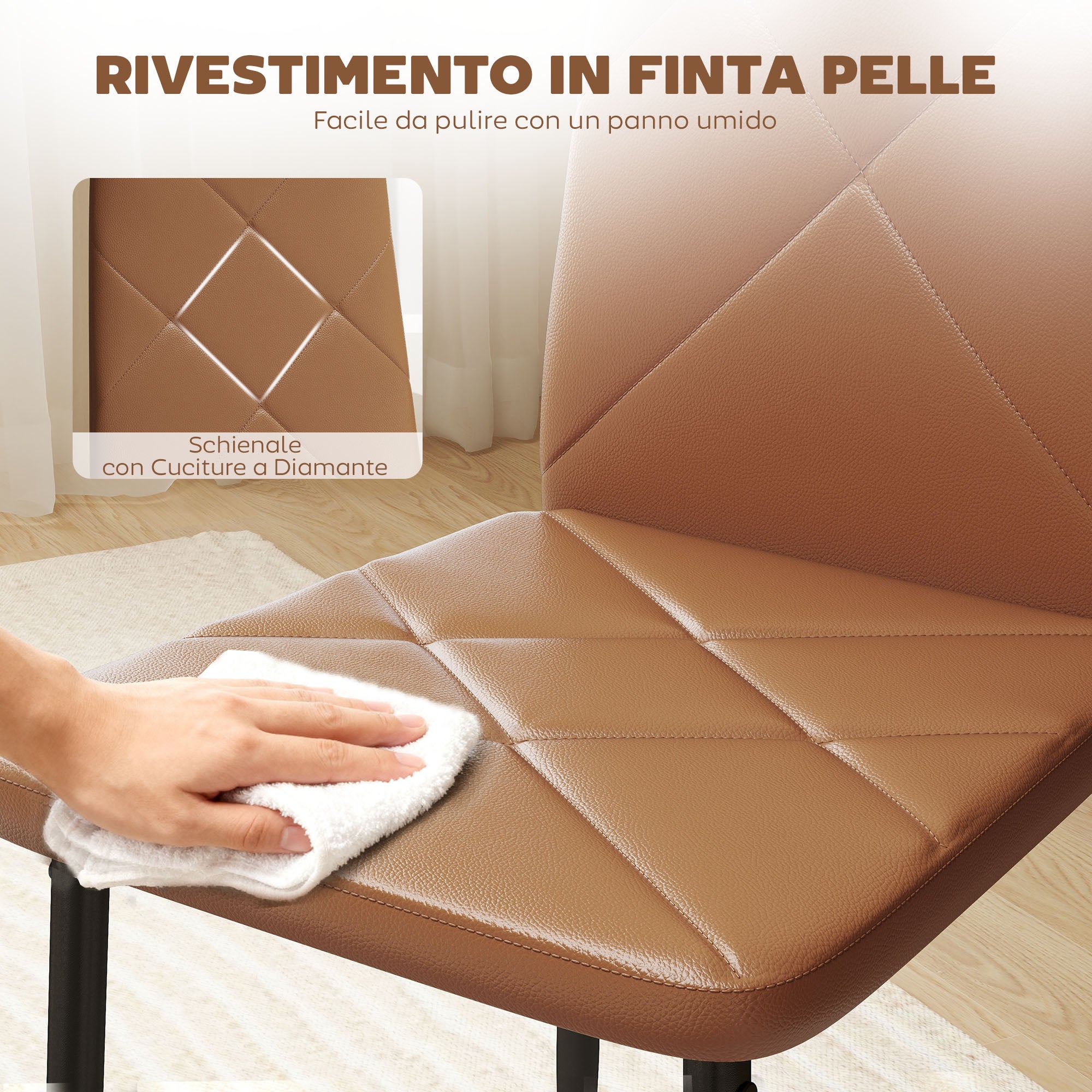 Set di 6 Sedie da Pranzo Moderne 41x50x97 cm con Schienale Alto in Finta Pelle e Acciaio Marrone
