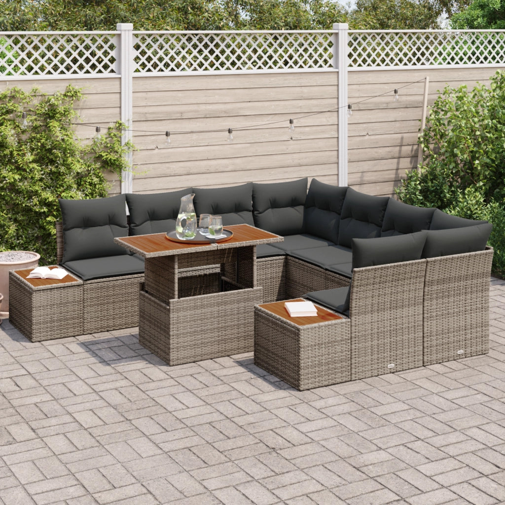 Set da Pranzo da Giardino 9 Pezzi con Cuscini Grigio in Vimini e Acacia
