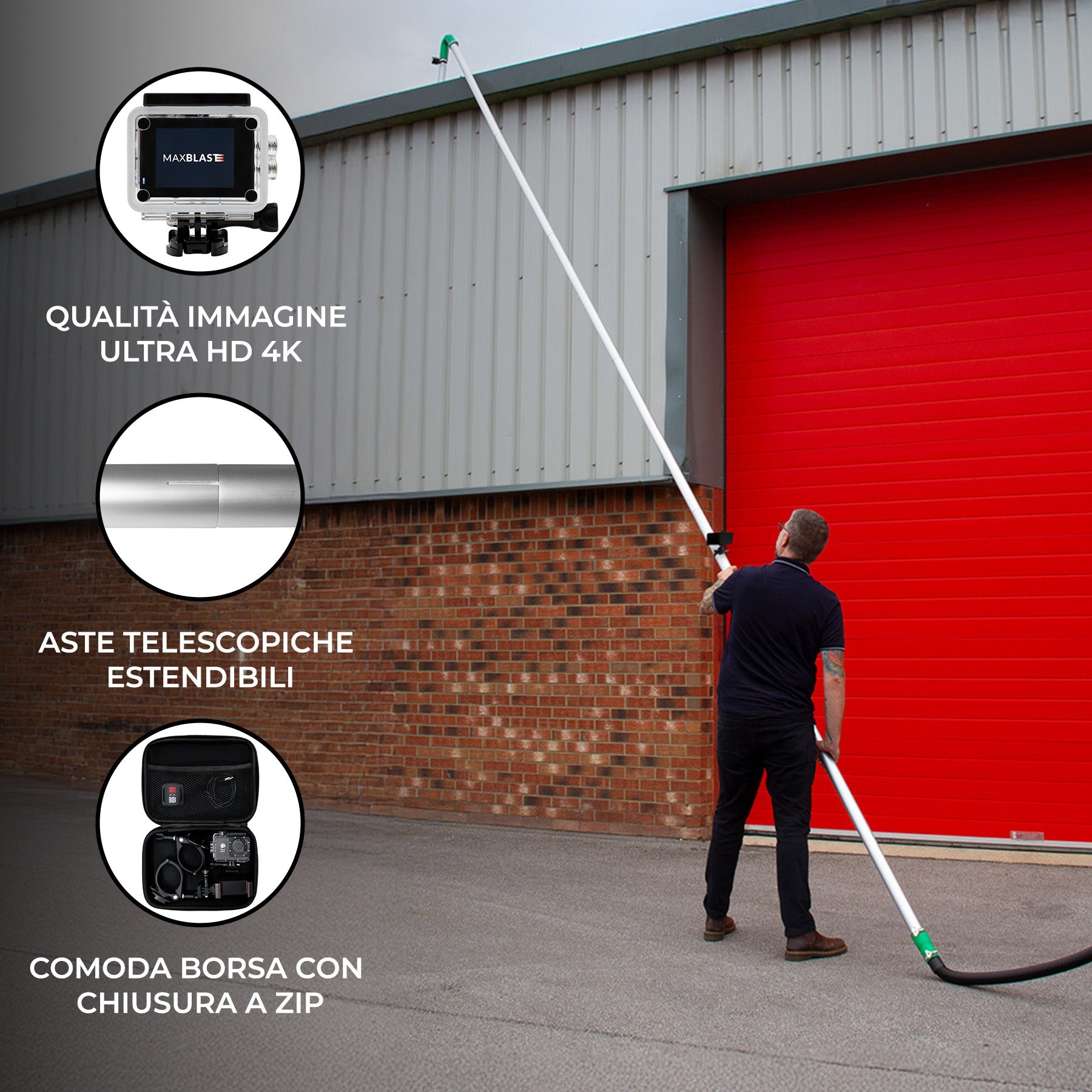 Kit aste 7,2m con telecamera 4K zoom 4x per pulizia grondaie e pluviali