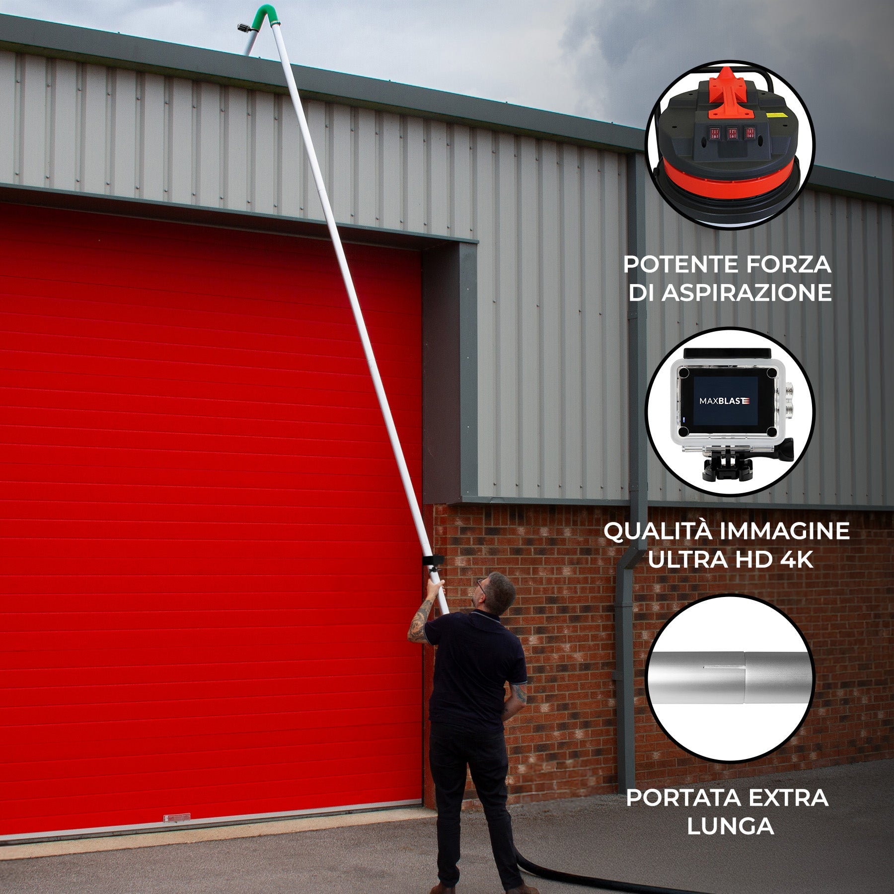 Kit aspiratore 90L + aste 7,2m + telecamera 4K per grondaie lunga portata