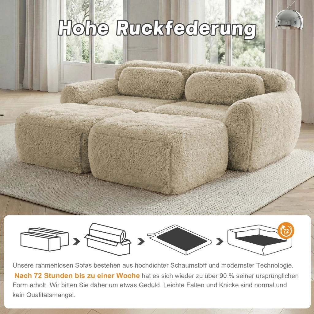 Divano modulare 2 posti con 2 pouf in tessuto peluche; kaki chiaro