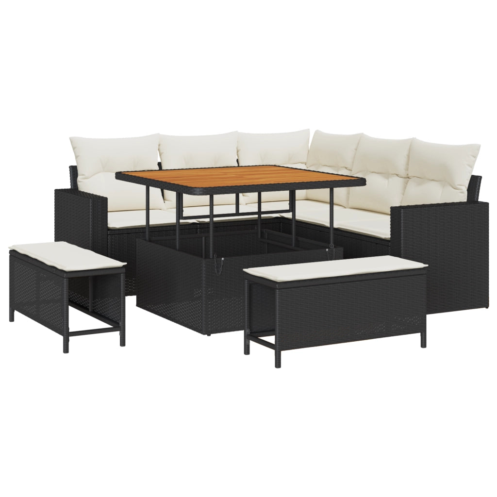 Set Divano da Giardino 8 Pezzi con Cuscini Nero Polyrattan Acacia