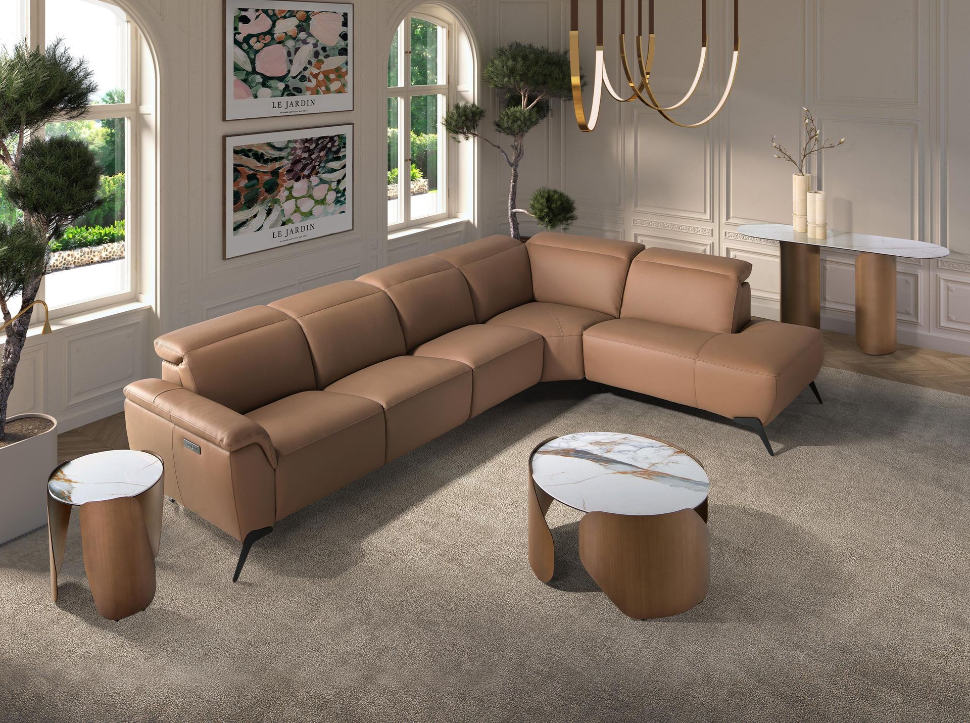 Tavolino angolare rotondo in marmo porcellanato e acciaio color bronzo