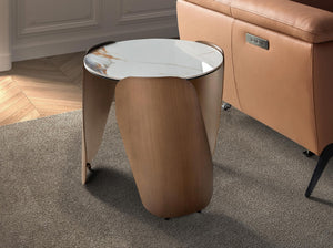 Tavolino angolare rotondo in marmo porcellanato e acciaio color bronzo