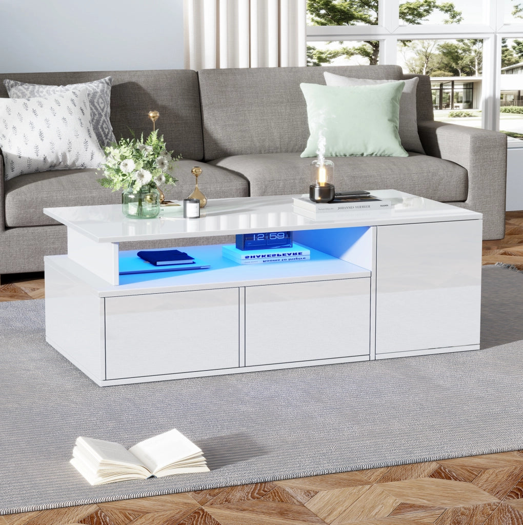 Tavolino da salotto bianco lucido 100 x 50 x 35 cm con LED; 2 cassetti e ripiani