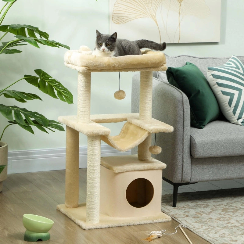 Tiragraffi per gatti multi-livello con amaca, cuccia e gioco a pallina, 48 x 48 x 90 cm, bianco crema