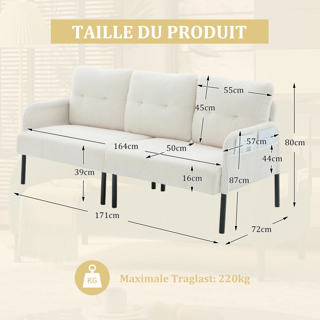 Divano 3 posti in velluto a coste beige con tasca laterale HAVRYA
