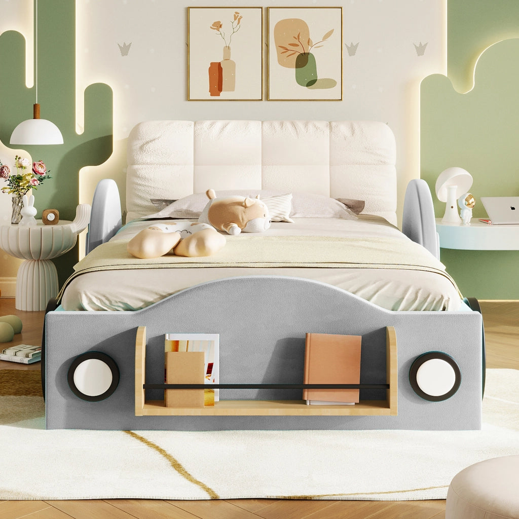 Letto Contenitore 90x200 cm; Letto Singolo con Tasche laterali e Libreria; Flanella Grigio