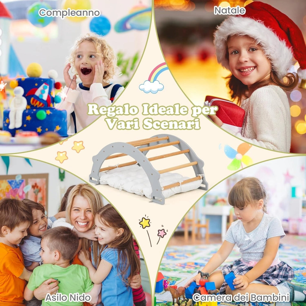 Arco da Arrampicata per Bambini, 2 in 1 Altalena ad Arco in Legno con Cuscino Morbido e Doppia Faccia, Ideale per Bambini 1+ Anni (Grigio)