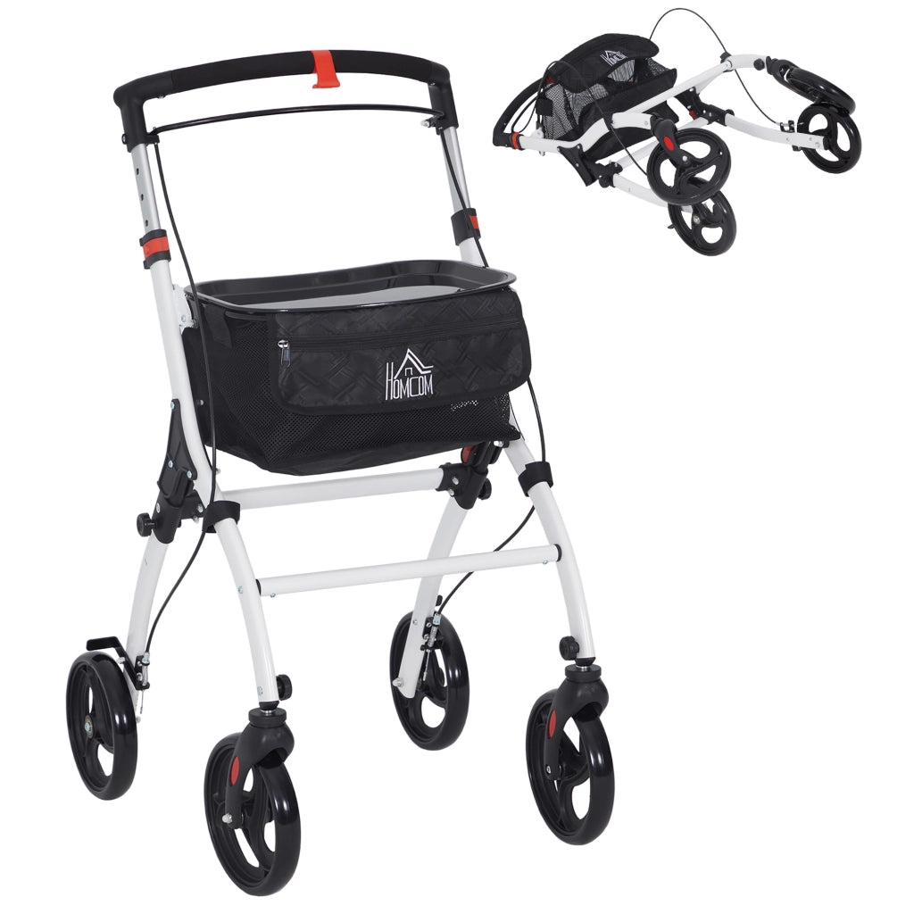 Andatore per Anziani Pieghevole ¨C Zephmum ¨C Bianco in Alluminio con 4 Ruote e Vassoio