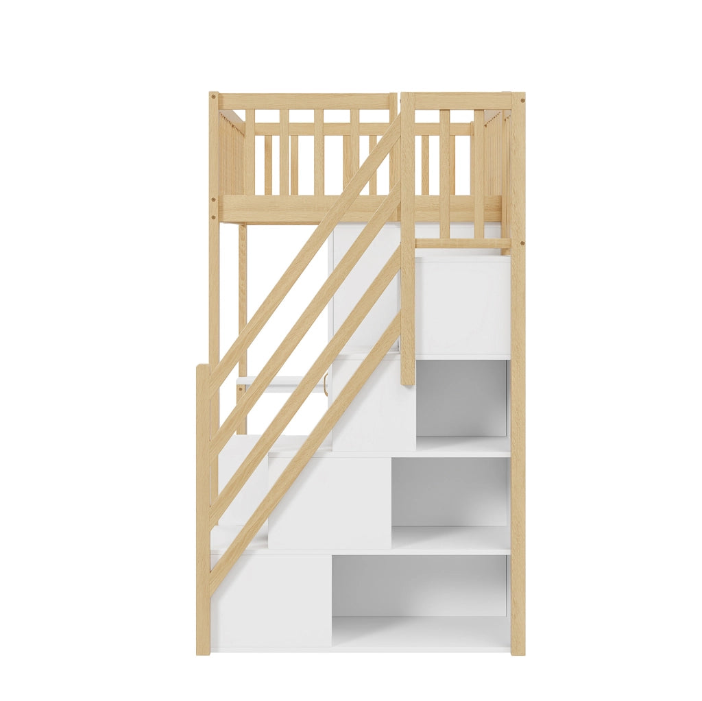 Letto a soppalco 90x200 cm con armadio; scrivania e scala con cassetti; bianco e legno