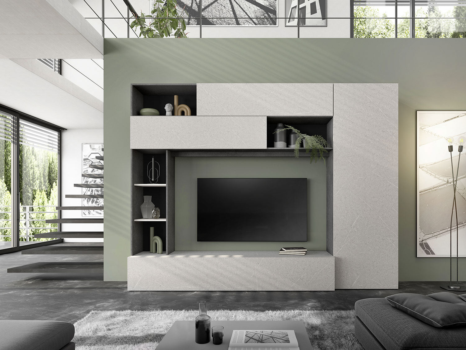 Parete Attrezzata Design Contemporaneo 277x40x210 cm Pratiko Ghisa e Pietra