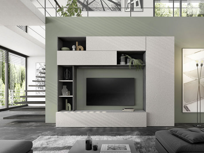 Parete Attrezzata Design Contemporaneo 277x40x210 cm Pratiko Ghisa e Pietra