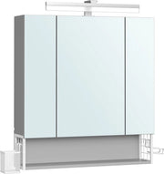 Cassettone per bagno - Archiviazione per il bagno - Comodino con specchio - Interruttori di impianto incorporati - 16,5 x 70 x 75 cm - Bianco - Grigio