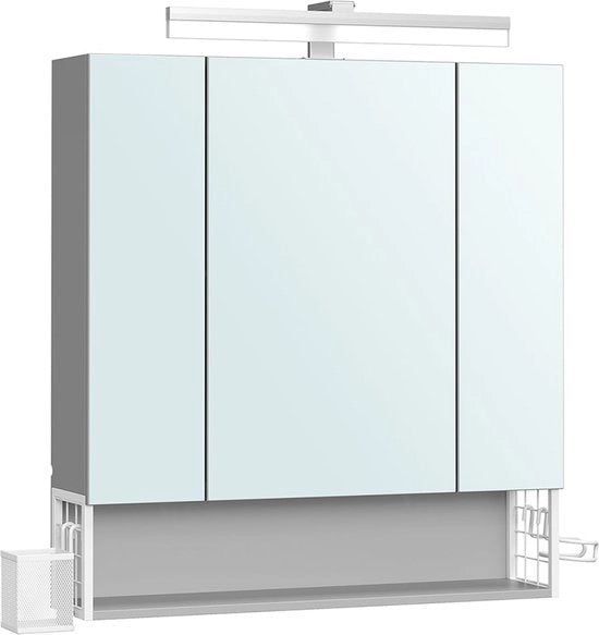 Cassettone per bagno - Archiviazione per il bagno - Comodino con specchio - Interruttori di impianto incorporati - 16,5 x 70 x 75 cm - Bianco - Grigio