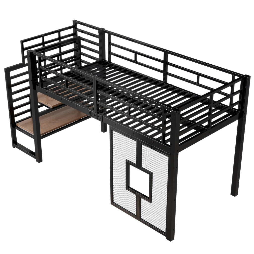Letto a soppalco 90x200 cm in metallo con scala e LED