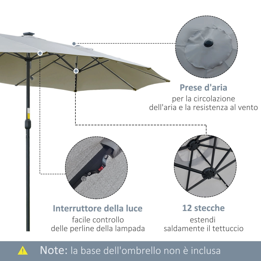Ombrellone da Giardino Doppio 4.5m con 48 Luci LED e Manovella, Grigio Chiaro