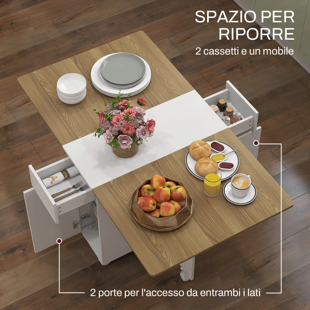 Tavolo Rettangolare Allungabile con Armadietto e Cassetti 140x76x74 cm Bianco e Color Legno