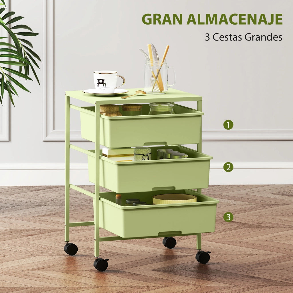 Carrello Multiuso 4 Livelli con Ruote e 3 Cestini ¨C Zephmum ¨C Verde 40.8x33.5x60.5 cm