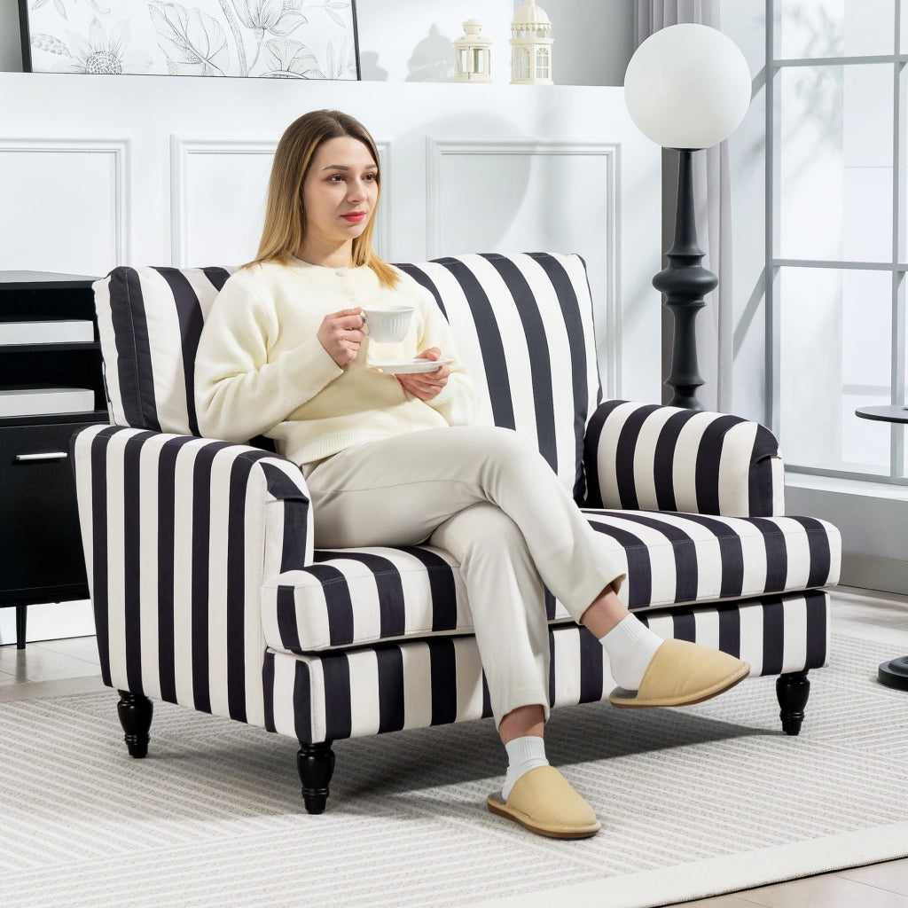 Poltrona da Salotto con Seduta Ampia in Velluto a Righe con Molle a S, 115x82x82 cm, Nero e Bianco