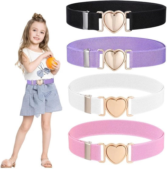 Cinturini per bambine 4 pezzi - Cinturino elastico - Borchie in forma di cuore - Per bambine - Comfortevole - Leggero - Cinturino per bambini