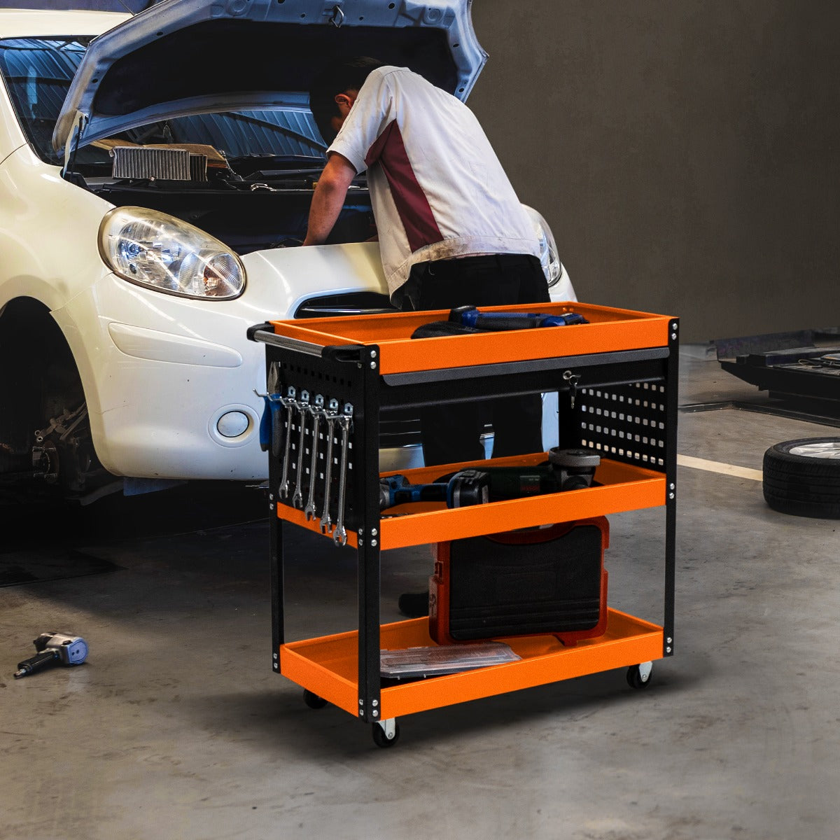 Carrello portautensili a 3 livelli con cassetto con serratura e ruote per officine e garage