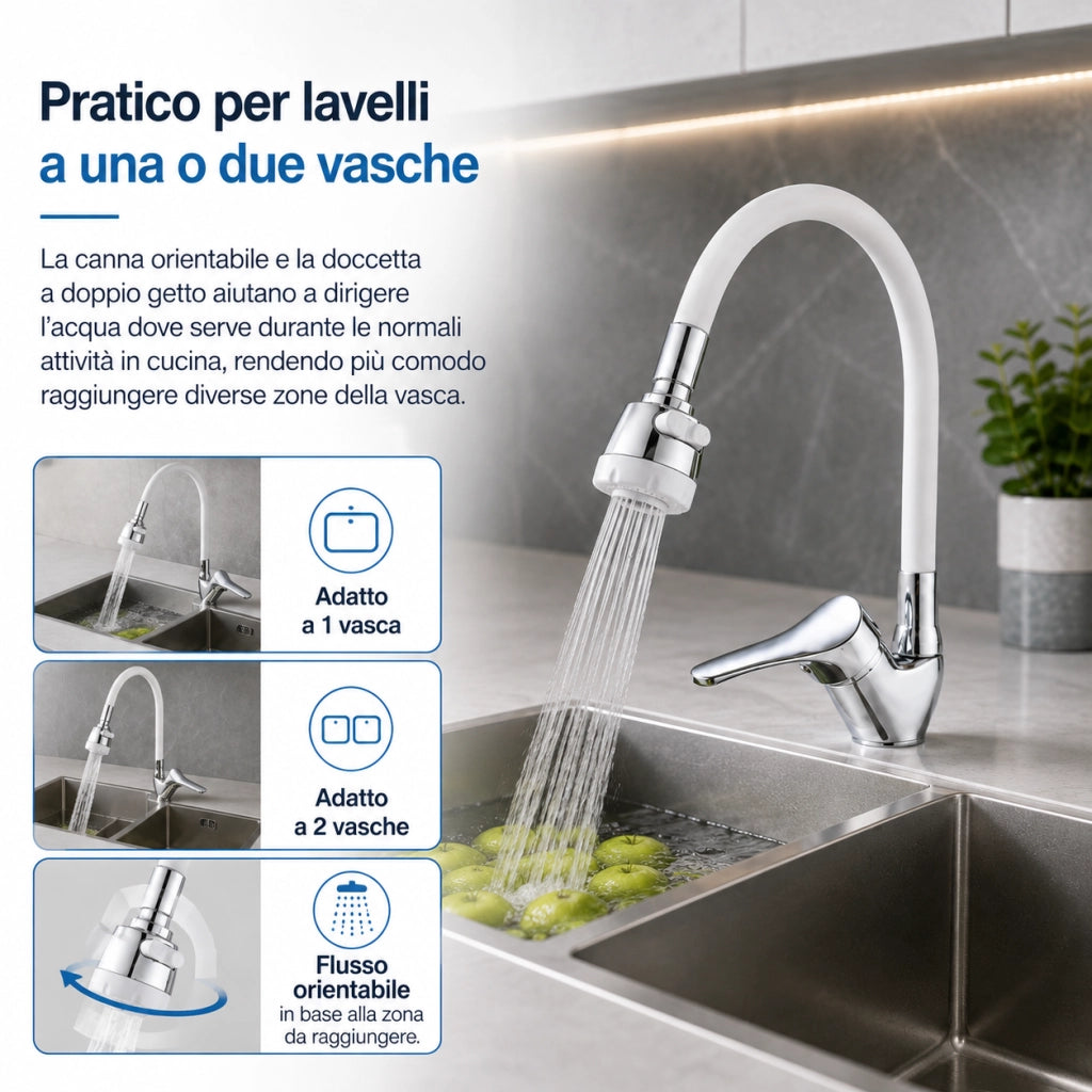 Rubinetto Cucina Doccetta 2 Getti Tubo Girevole Flessibile Silicone  Bianco