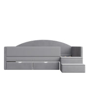 Letto bambino imbottito con 2 cassetti; scala e sponda 90×190 cm; senza materasso; velluto; grigio chiaro
