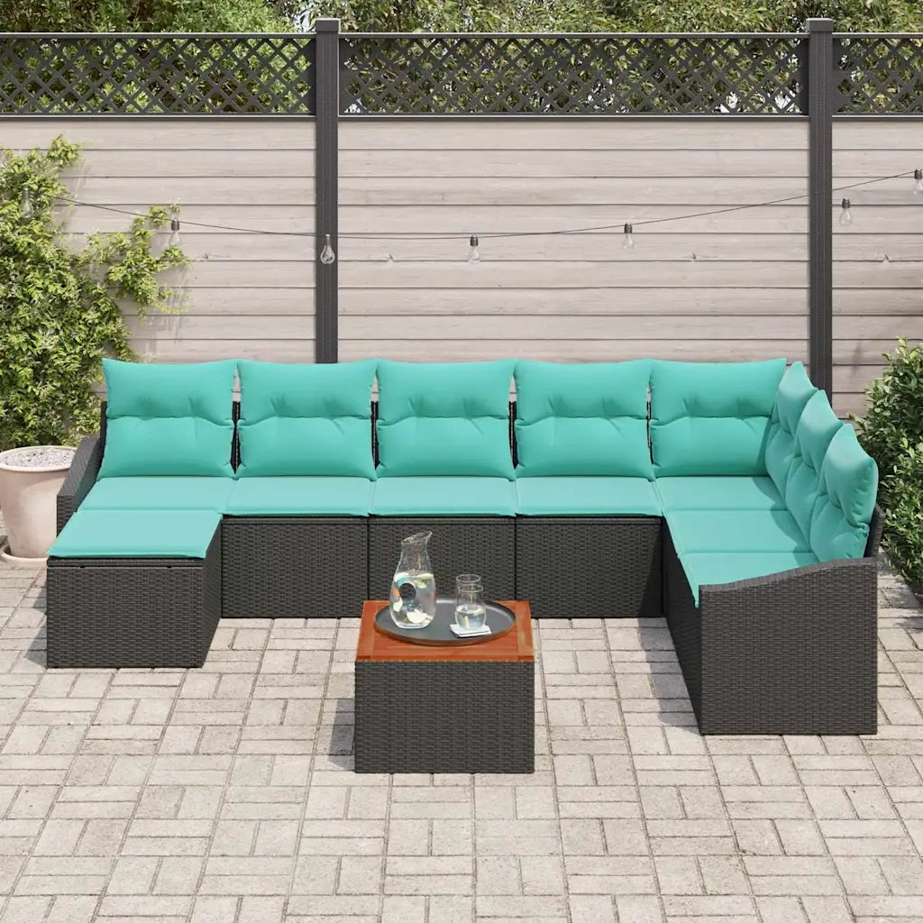 Set Divano da Giardino con cuscino 9 pcs Nero polyrattan