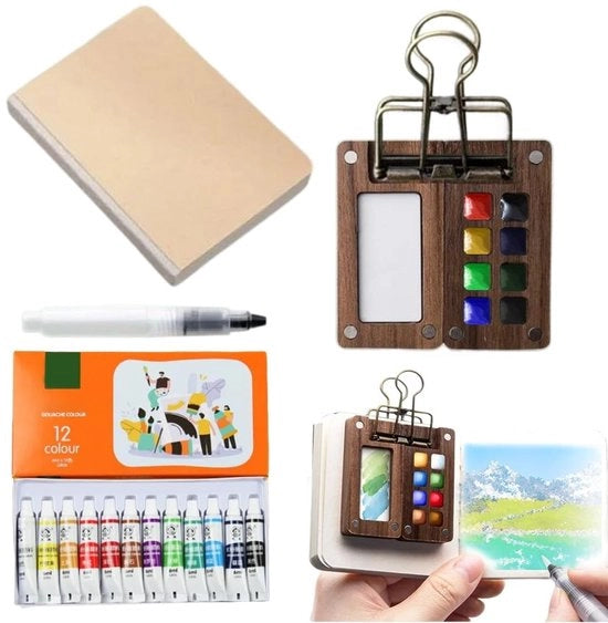 Set di schizzi a olio - Aquarela compacta - Paletto di legno portatile - Libellum di schizzi - Set di 8 riquadri - Set di colori per la pittura - Materiali di alta qualità - Kit di pennelli per la pittura