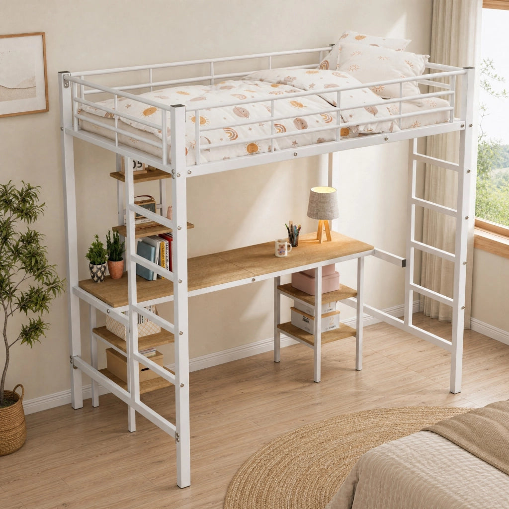 Letto a soppalco 90x200 cm con scrivania e ripiani bianco