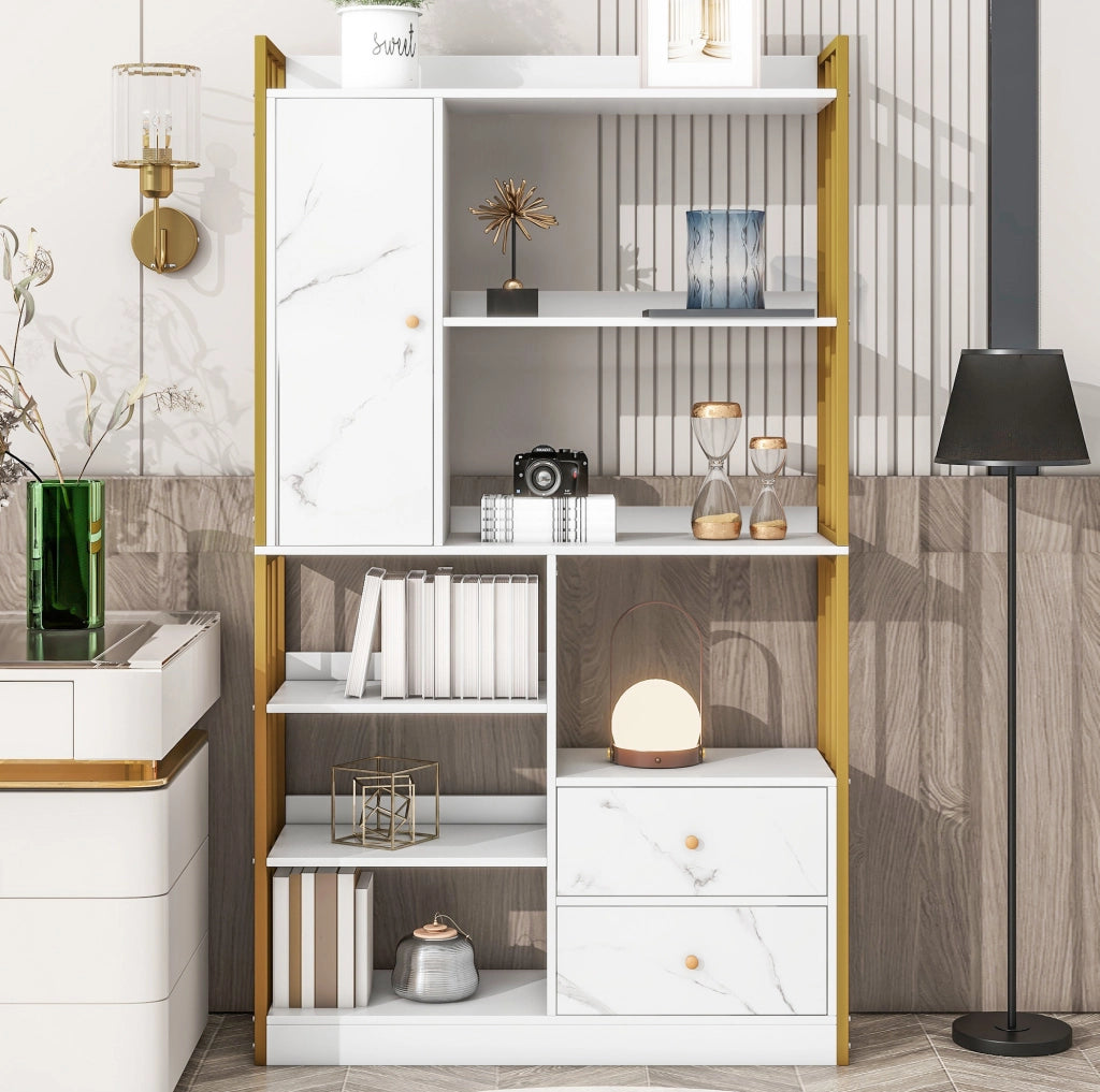 Libreria a 6 ripiani con ante e cassetti; 100 x 30 x 173;5 cm; truciolare bianco e oro