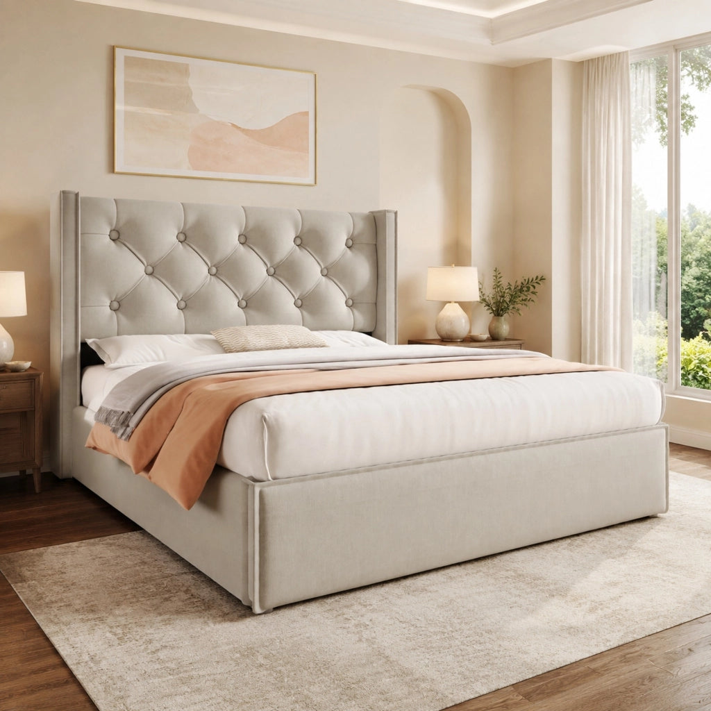 Letto matrimoniale imbottito 140x200 cm con contenitore, rete a doghe in legno, colore grigio chiaro