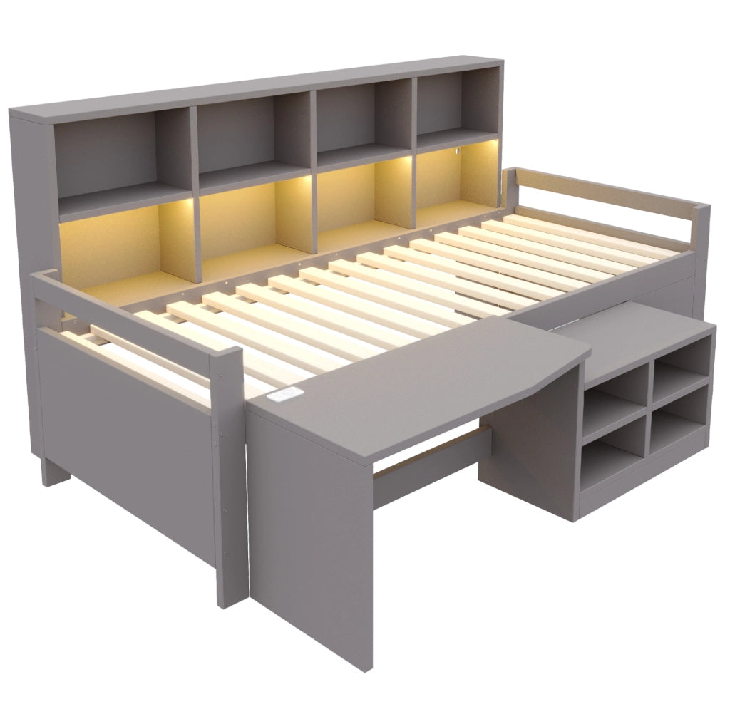 Letto a soppalco 90x200 cm con scrivania; vani portaoggetti e LED in legno e legno sintetico grigio