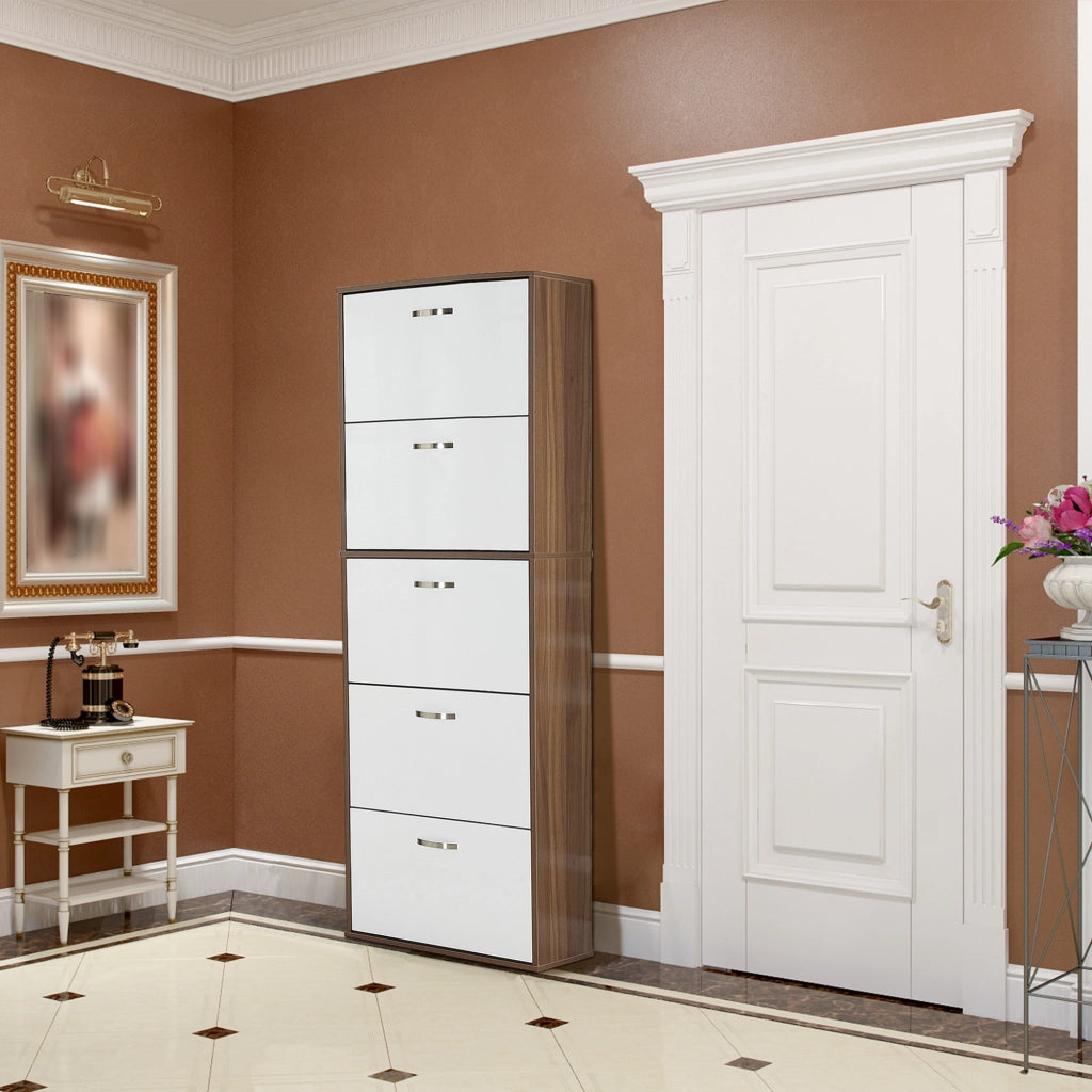 Easycomfort Scarpiera Slim a 5 Livelli con 2 Ripiani per Livello, in MDF, 60x28x189 cm, Bianco e Marrone