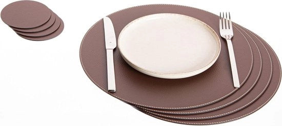 Set di piatti di supporto e piatti di protezione in pelle riciclata - set da 4 - piatti di protezione 33 cm e piatti di supporto 10 cm - marrone