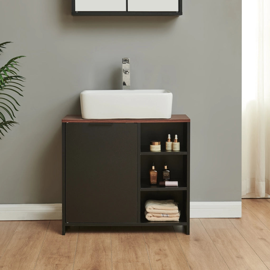 Mobile Sottolavabo Trond con Anta e 3 Vani Aperti 60 x 66 x 30 cm - Nero / Effetto Noce [en.casa]