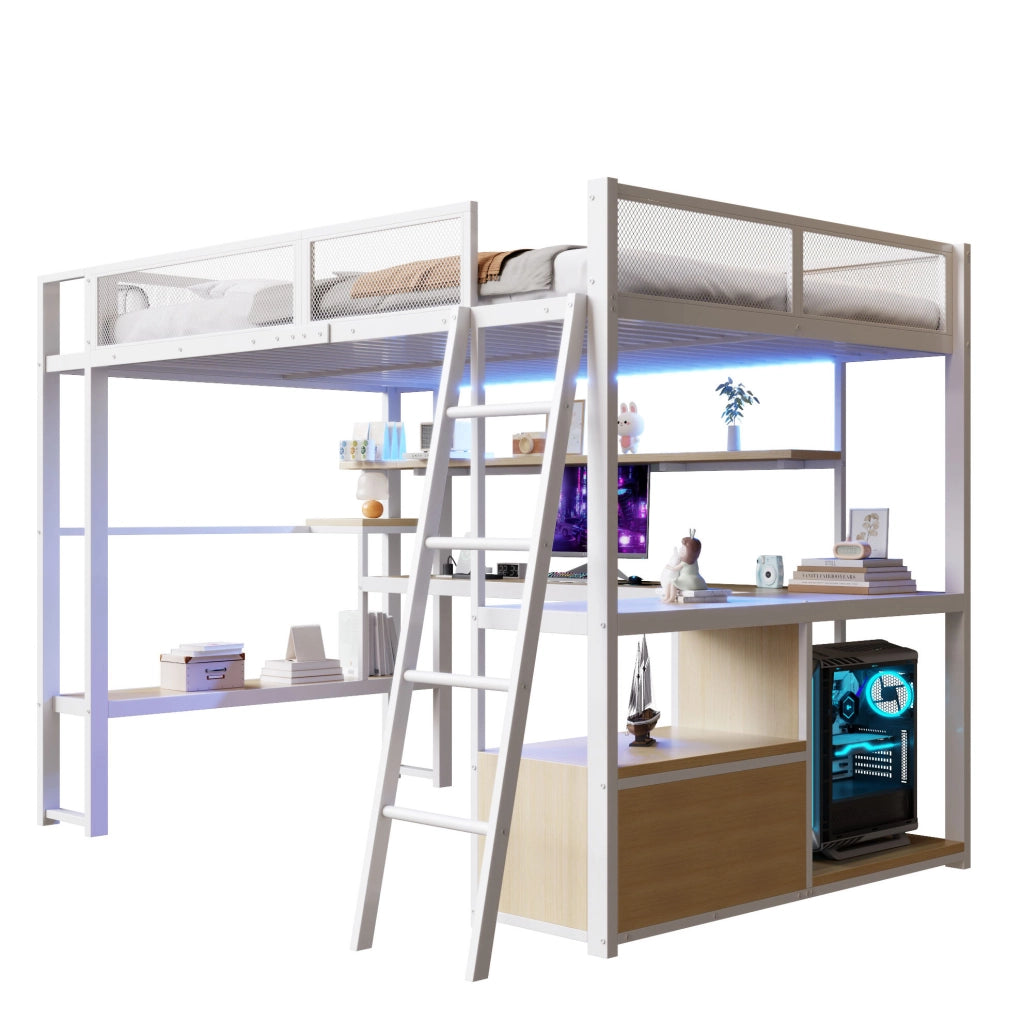 Letto a soppalco 140x200 cm con scrivania; LED e portaoggetti in MDF e metallo bianco