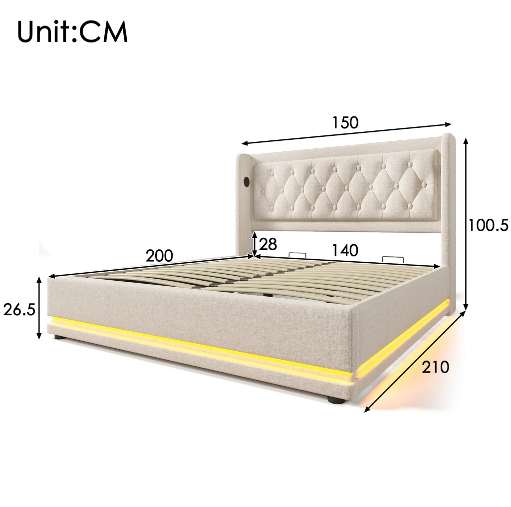 Letto matrimoniale imbottito 140x200 cm beige in cotone con contenitore; USB e LED