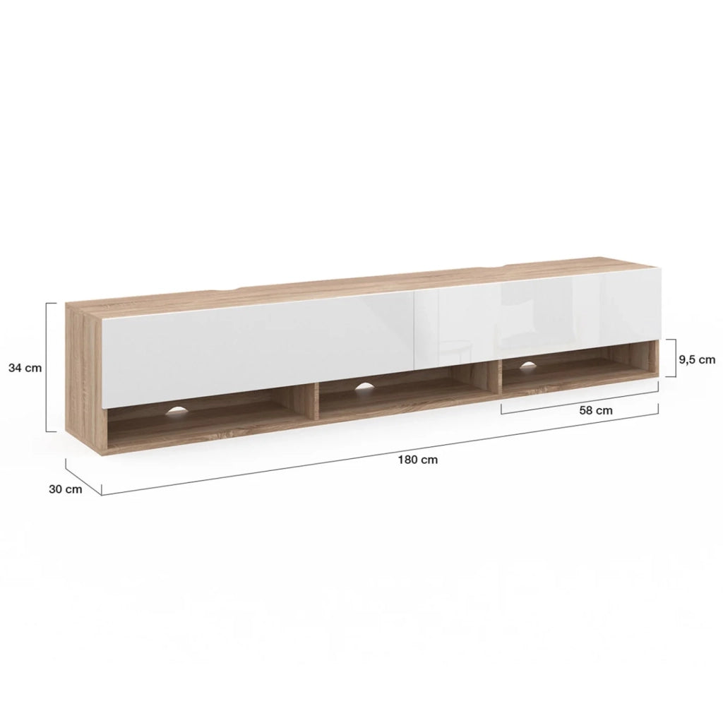 IDMarket - Mueble TV suspendido ELIO 2 puertas con estantes de madera y blanco 180 cm