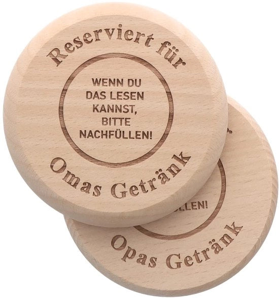 Set di 2 supporti in legno | 2-in-1 supporto & coperchio con incisione "Riservato per il drink di nonna" & "Riservato per il drink di nonno" | Regalo divertente per nonna e nonno

Modello: 
Dimensioni: 
Peso: 
Materiali: legno