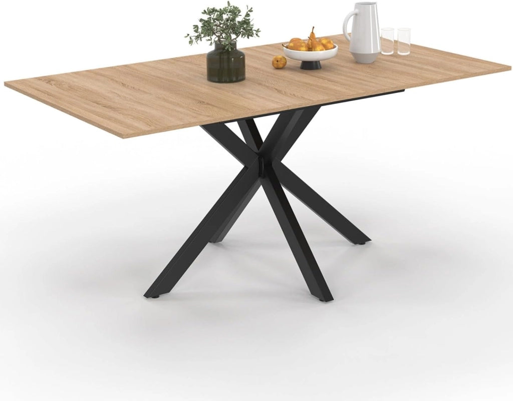 ALIX Tavolo da pranzo rettangolare allungabile per 4-8 persone con gamba in legno e ragno nero 120-160 cm