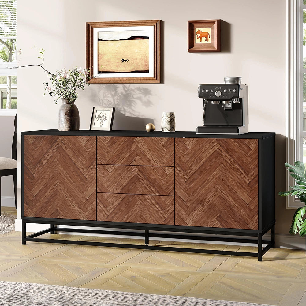 Credenza Soggiorno 145x40x67cm - Xylo - Moderna con 3 Cassetti e 2 Ante, Legno e Nero