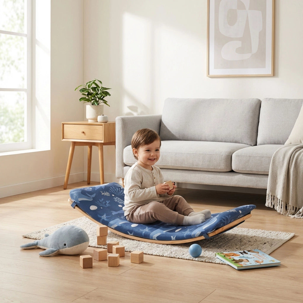 Wobly - Balance Board Montessoriana con cuscino tavola da equilibrio per bambini dai 3 anni 85x30 cm in legno