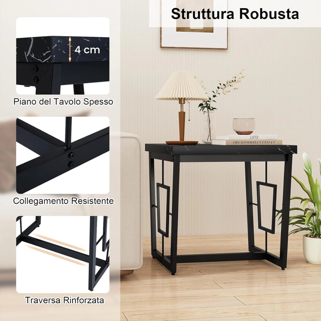 COSYWAY Tavolino da Salotto Quadrato, Tavolino Laterale Moderno con Piano in Marmo Sintetico, Solida Struttura in Metallo e Base a Forma di H, Mobile Versatile per Camera da Letto e Soggiorno