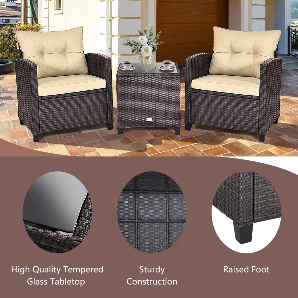 Set di Mobili da Giardino, in Rattan, 3 Pezzi Mobiletti, 1 Tavolino + 2 Poltrone, Salottino da Esterno, con Cuscini per Balcone, Giardino, Cortile, Terrazza, 3 Colori (Marrone)