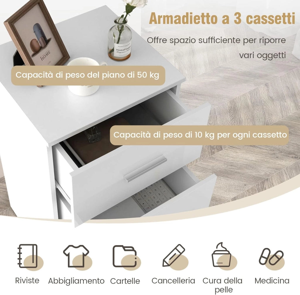 Cassettiera a 3 Cassetti, Comodino Cassettiera in legno, Comodino Moderno con Cassetti per Soggiorno, Camera da Letto, Corridoio, Ufficio, 37 x 34 x 66,5 cm (Bianco, 1Pezzo)