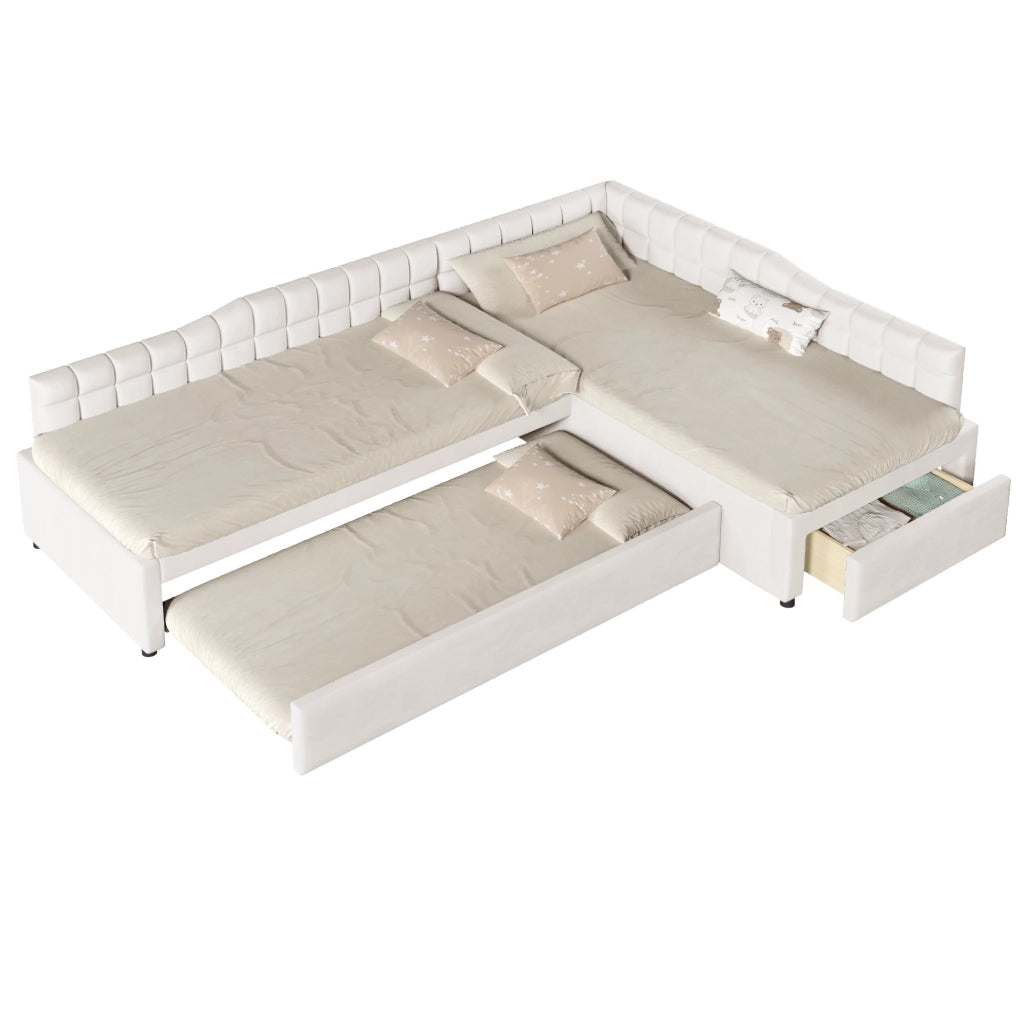 Letto a L 90x200 cm con letto estraibile e cassetti in flanella beige