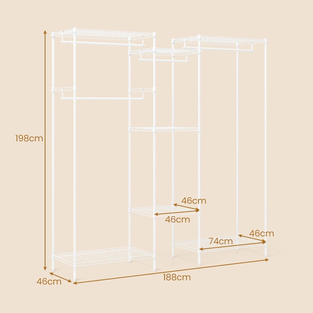 Stand Appendiabiti, Mobile Convertibile per Abiti con Installazione a L e Orizzontale, Appendiabiti con 7 Ripiani Regolabili in Filo Metallico e 4 Bastoni Appendiabiti, Portata 530 kg (Bianco)